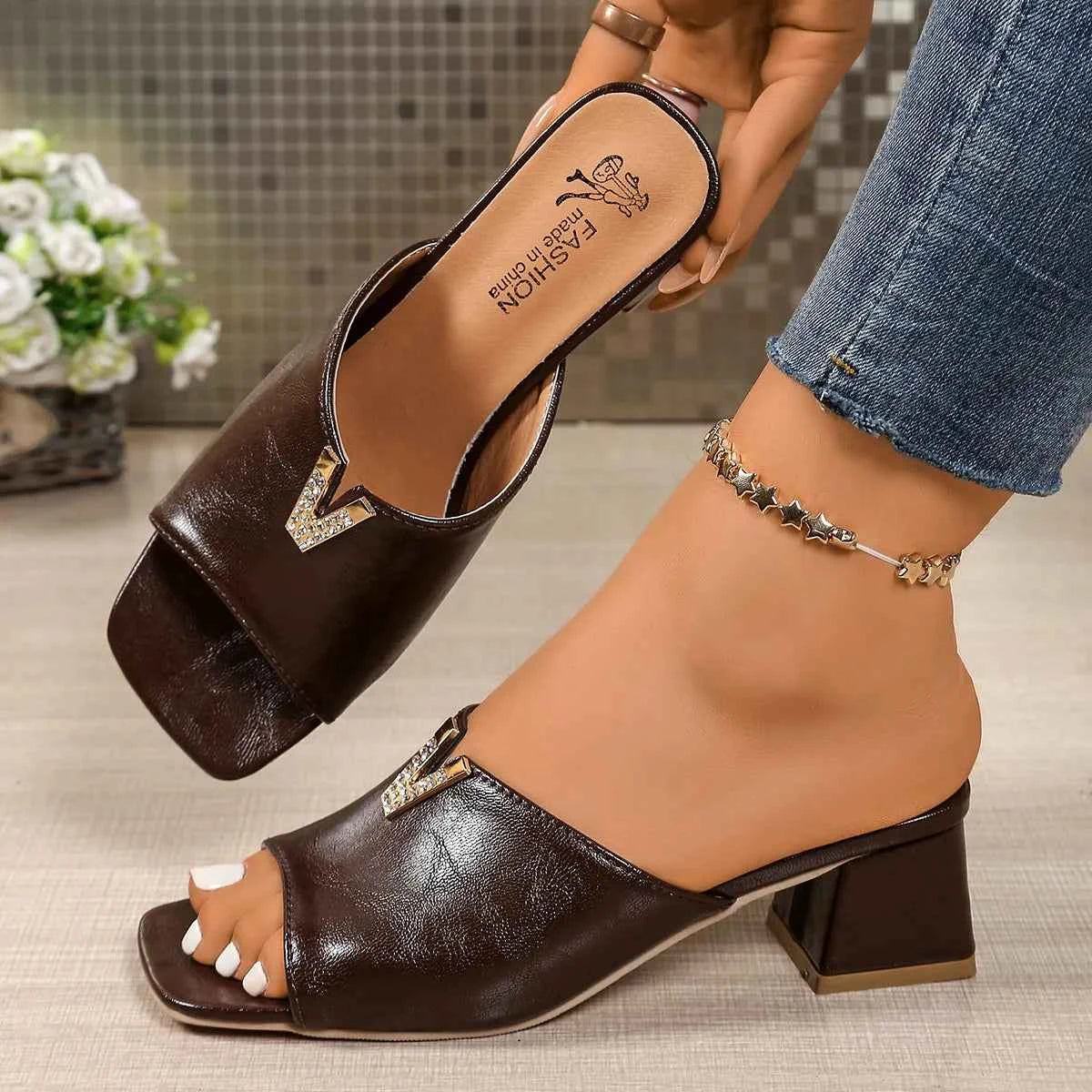 Rhinestone Block Heels Sandals