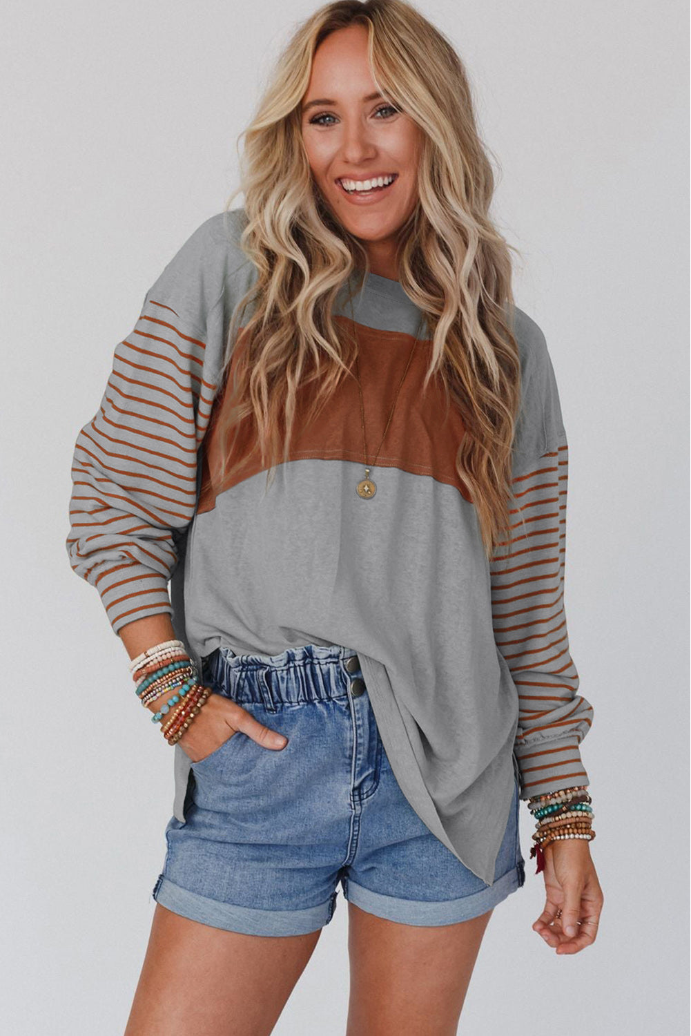 Gray Colorblock Striped Bishop Sleeve Top Dear-Lover Dropshipping