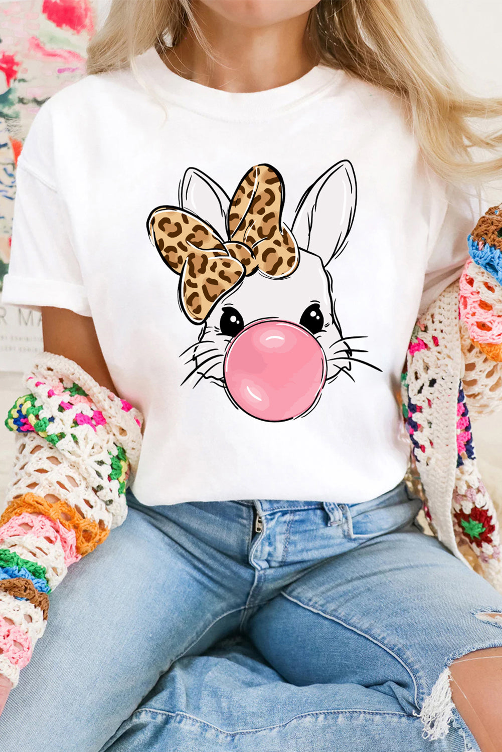 White Leopard Bow Bubble Rabbit Graphic Tee Dear-Lover Dropshipping