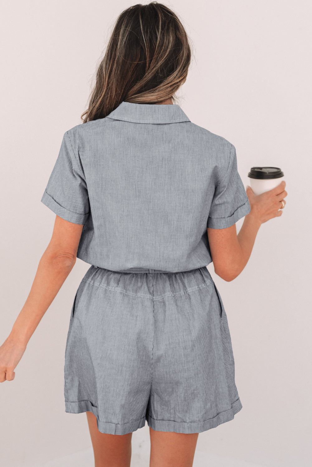 Blue Stripe Chest Pockets Buttoned Belted High Waist Romper Dear-Lover Dropshipping
