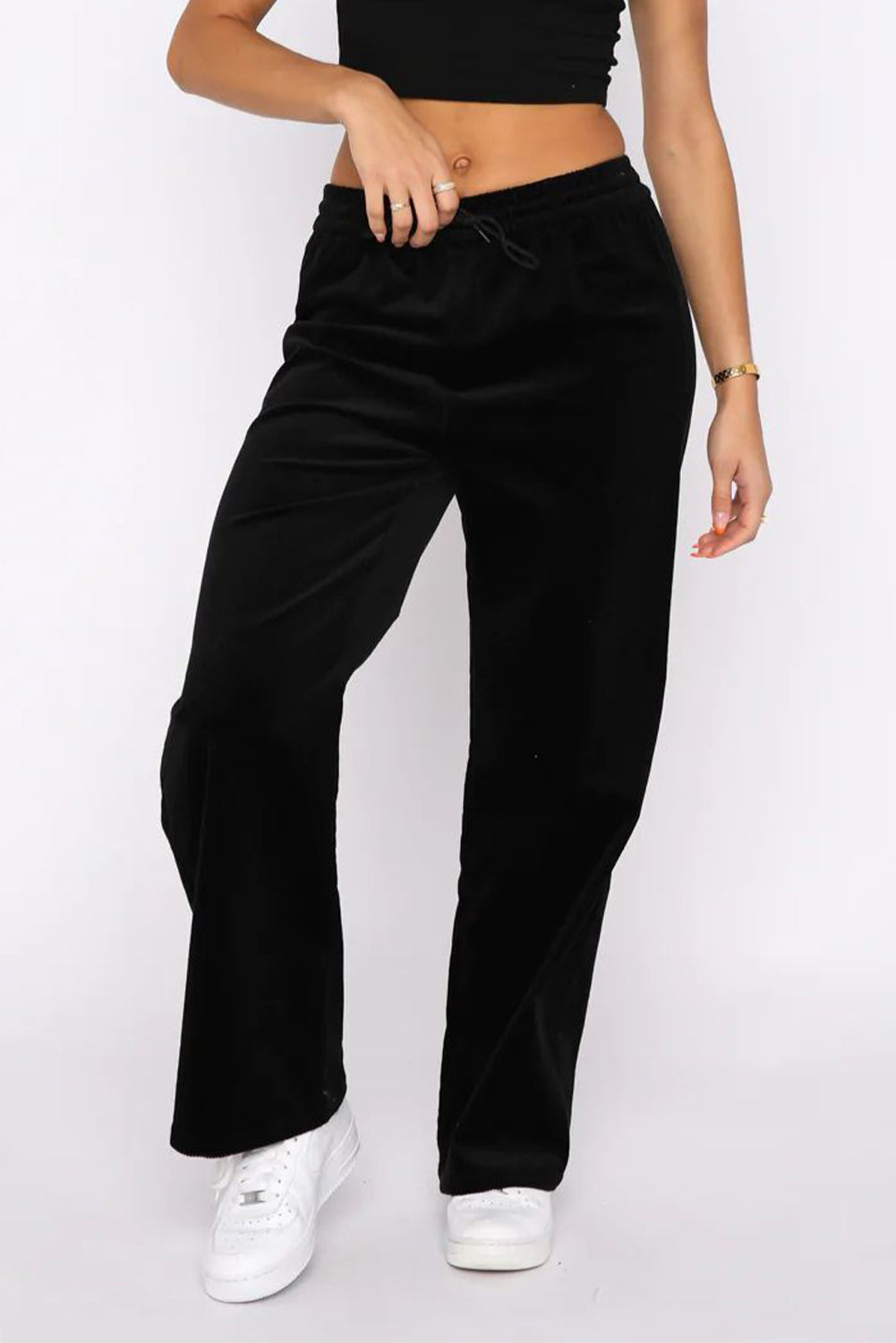 Black Solid Drawstring Waist Wide Leg Pants Dear-Lover Dropshipping
