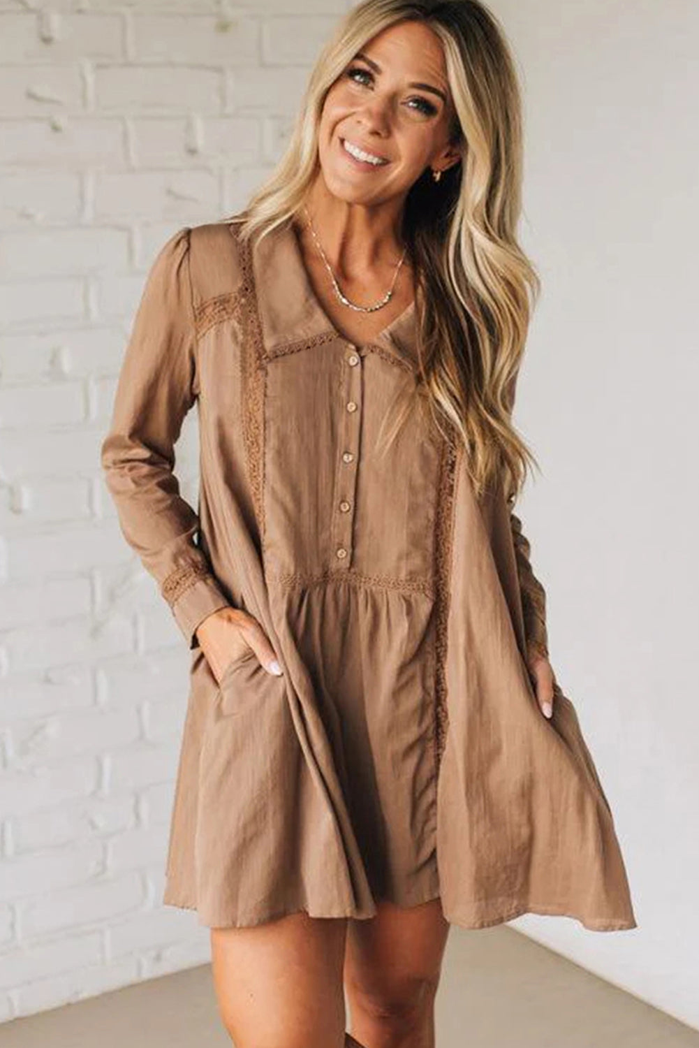Straw Yellow Lace Trim Peter Pan Collar Long Sleeve Mini Shirt Dress Dear-Lover Dropshipping