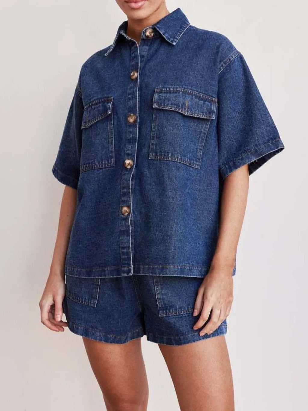 Button Up Short Sleeve Top and Shorts Denim Set.