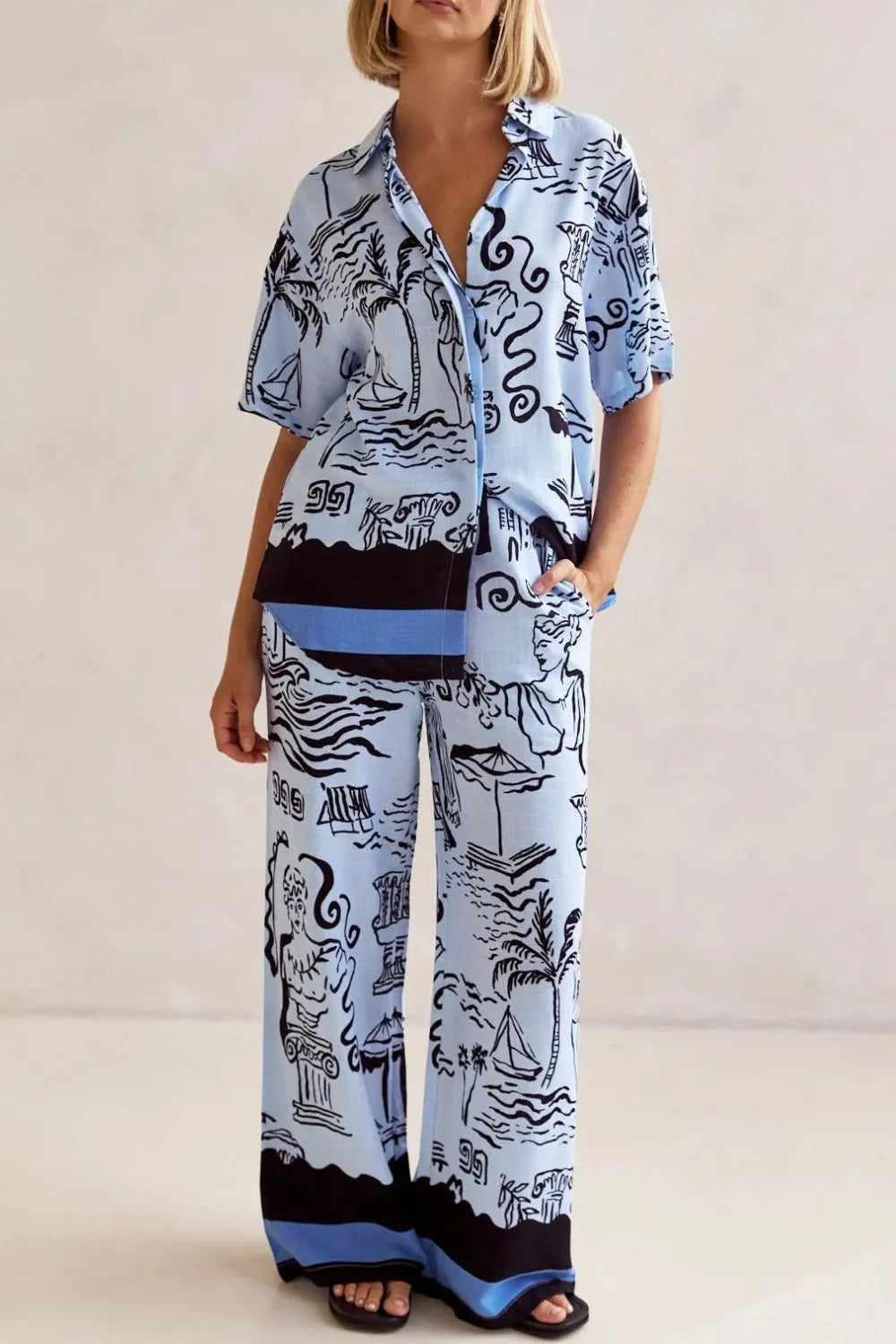Printed Button Up Shirt and Pants Set Plus Size - CHIC TB