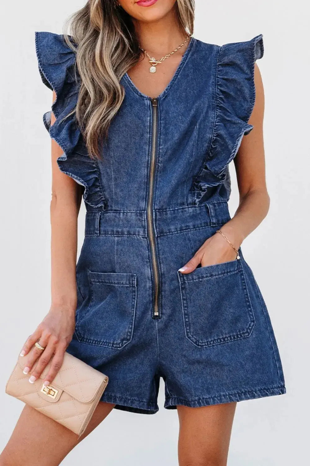 Denim Ruffled Zipped Front Belted Romper.