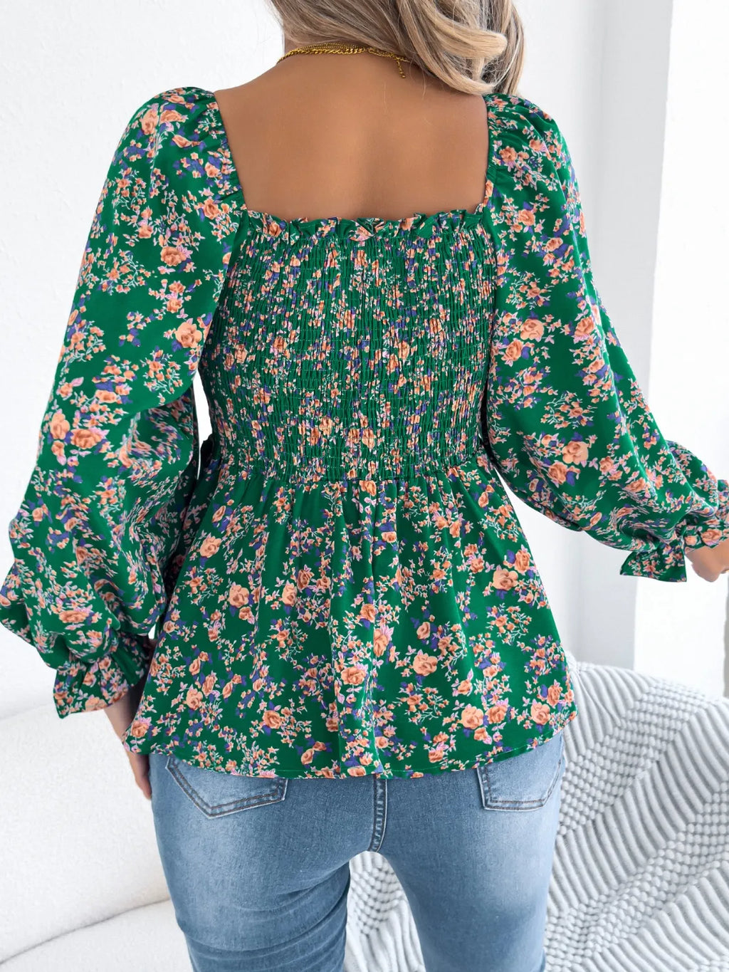 Floral Square Neck Flounce Sleeve Blouse.