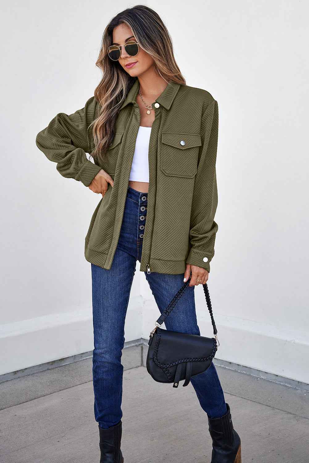 Blackish Green Solid Color Zip Up Button Flap Pocket Shirt Collar Jackets