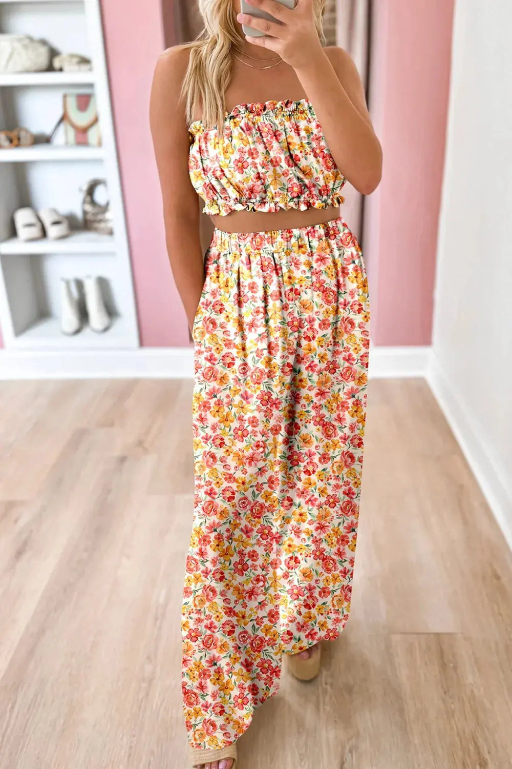 Boho Floral Bandeau Top and High Waist Wide Leg Pants Set.