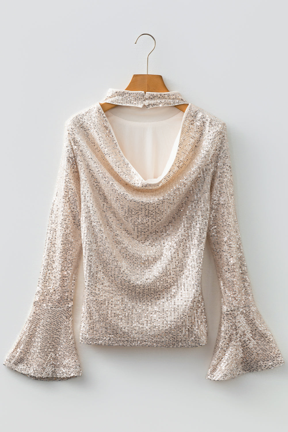 Jet Stream Sequin Mock Neck Drape Open Back Bell Sleeve Top Dear-Lover Dropshipping