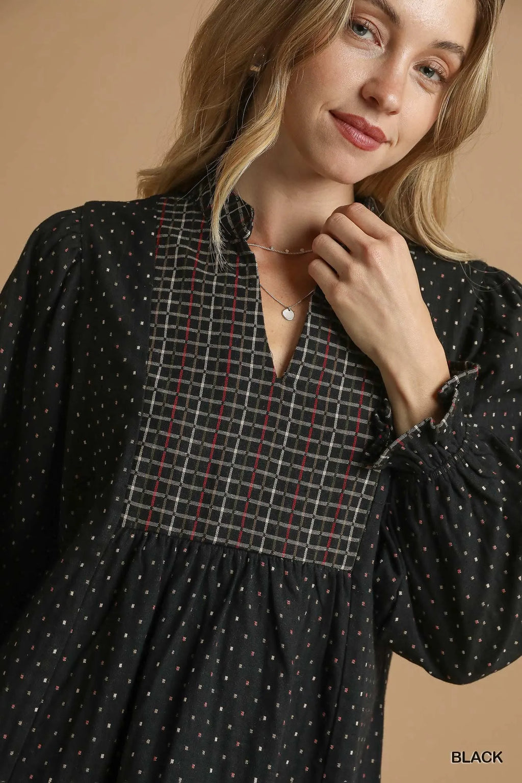 Umgee Polka Dot Plaid Trim Babydoll Dress.