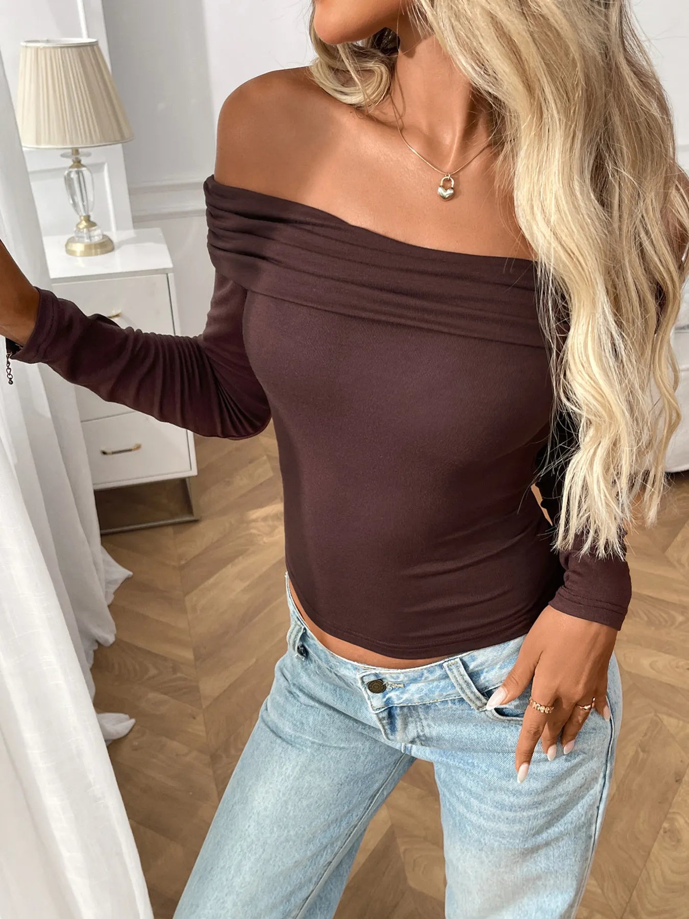 Off-Shoulder Long Sleeve Fitted T-Shirt.