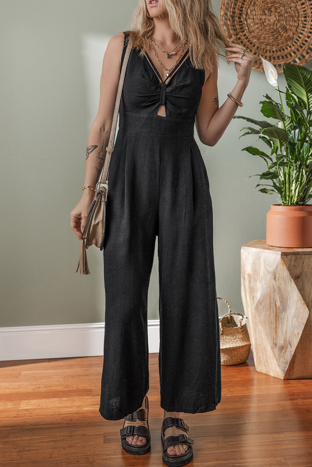 Black Front Cut Out Smocked Back Sleeveless Wide Leg Jumpsuit Dear-Lover Dropshipping