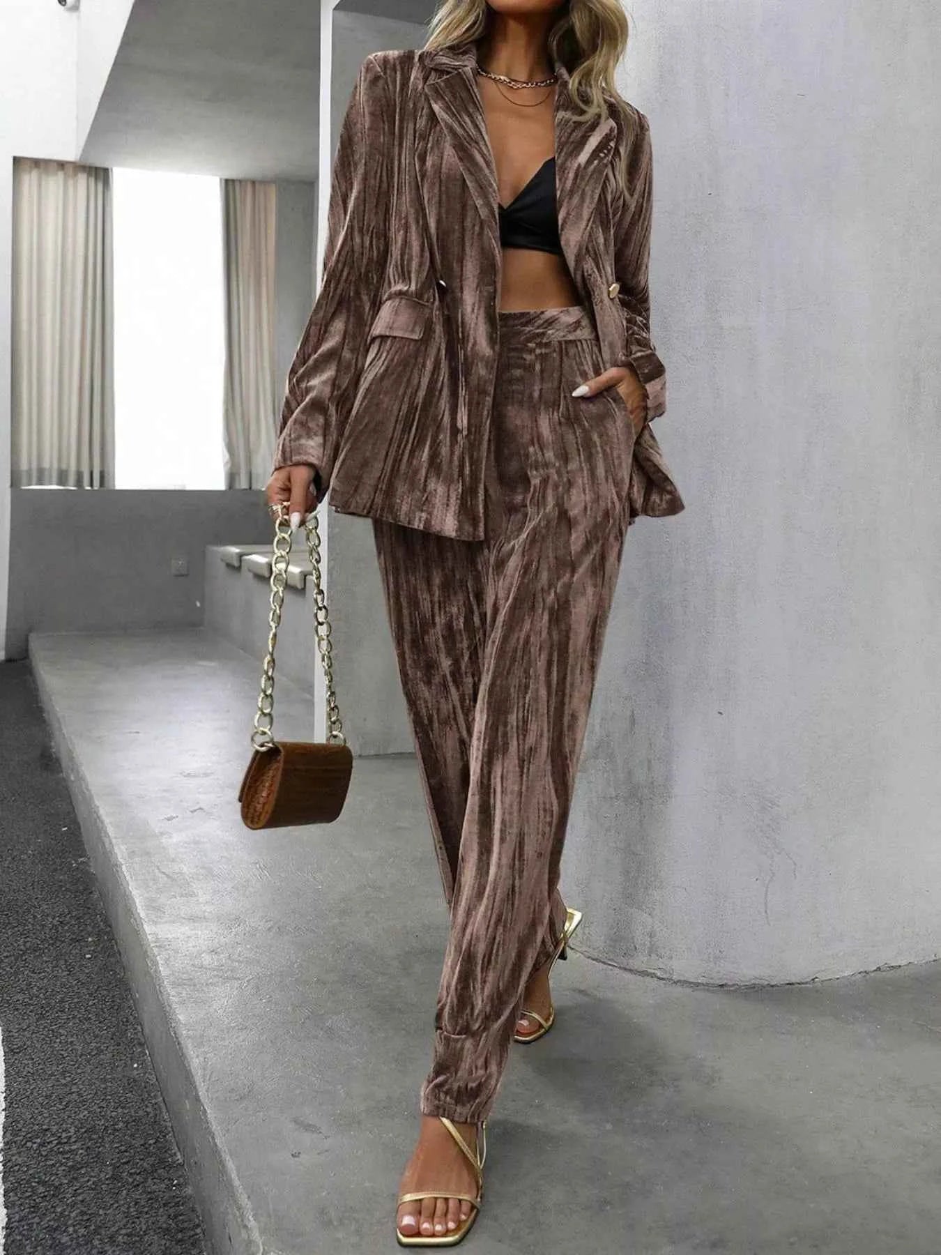 Lapel Collar Long Sleeve Blazer and Pants Set