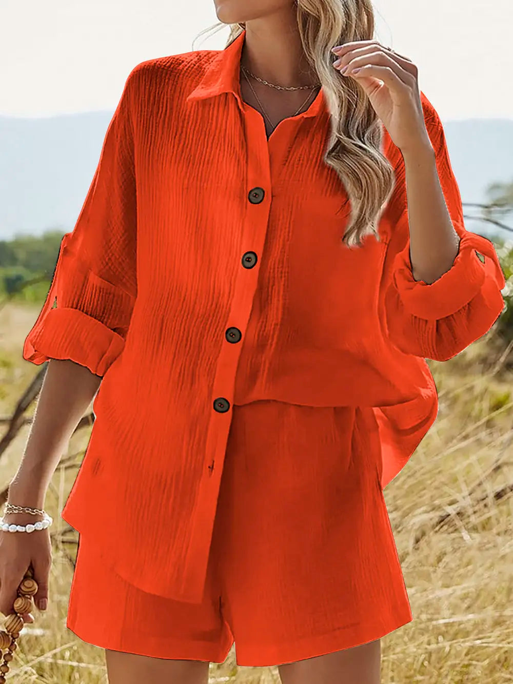Texture Button Up Shirt and Shorts Set - CHIC TB