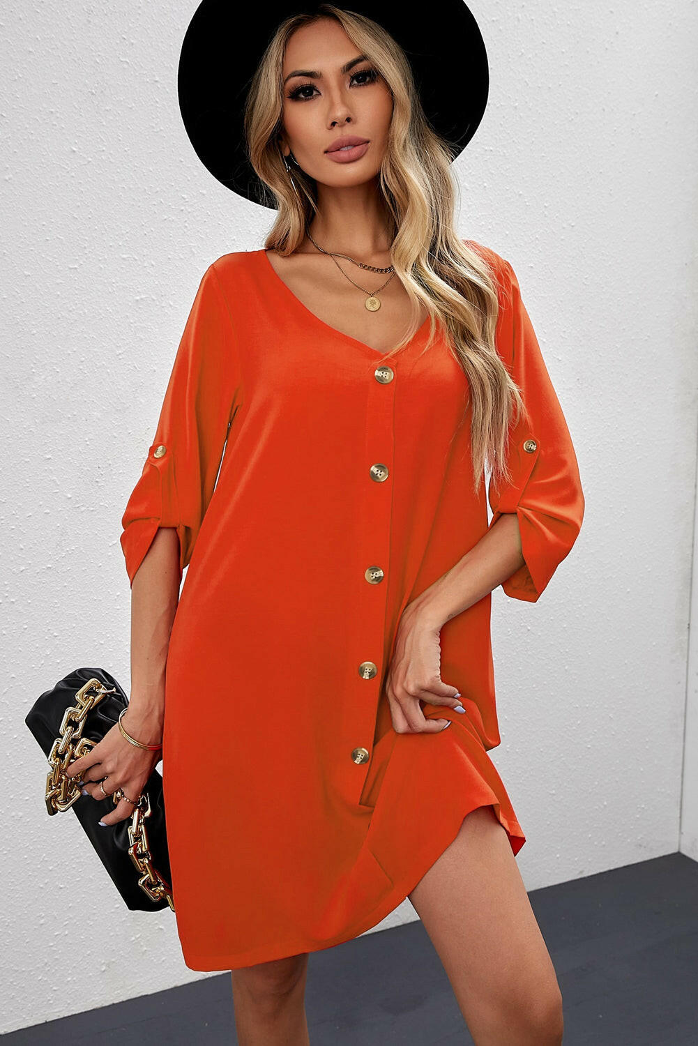 Buttoned V-Neck Dress.