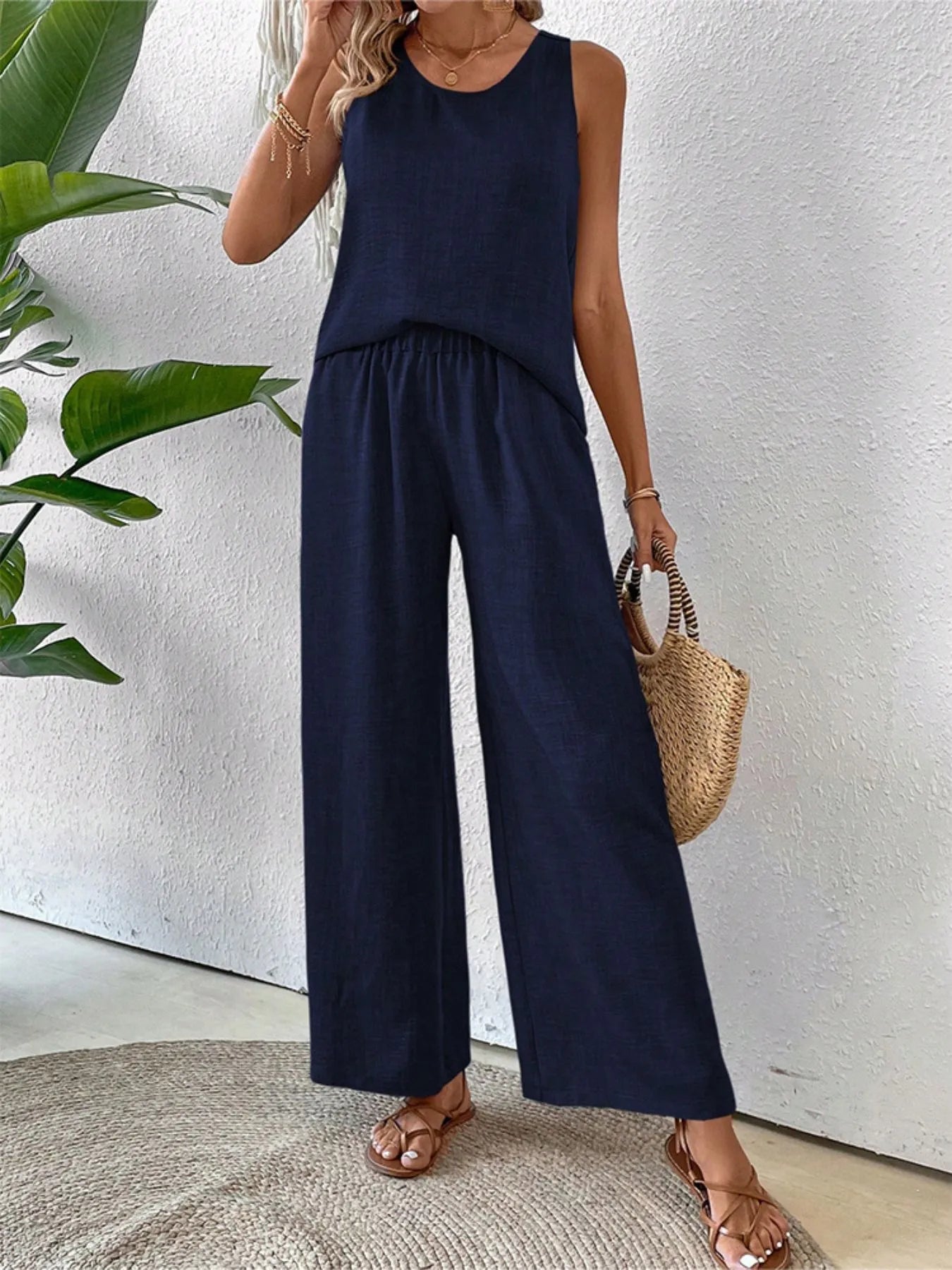 Round Neck Tank and Wide Leg Pants Set - CHIC TB