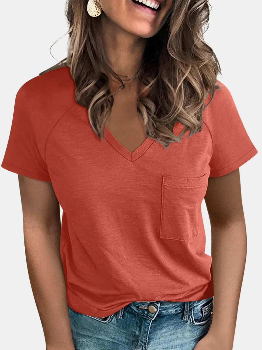 Pocketed V-Neck Short Sleeve T-Shirt.