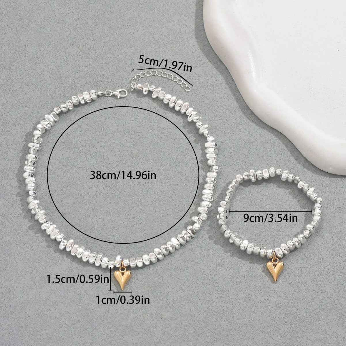 Best Selling Cross-border European American Women Jewelry Set, Geometric Heart Crushed Silver Irregular Design Clavicle Necklace & Matching Bracelet, Versatile Daily Neck Wrist Accessories