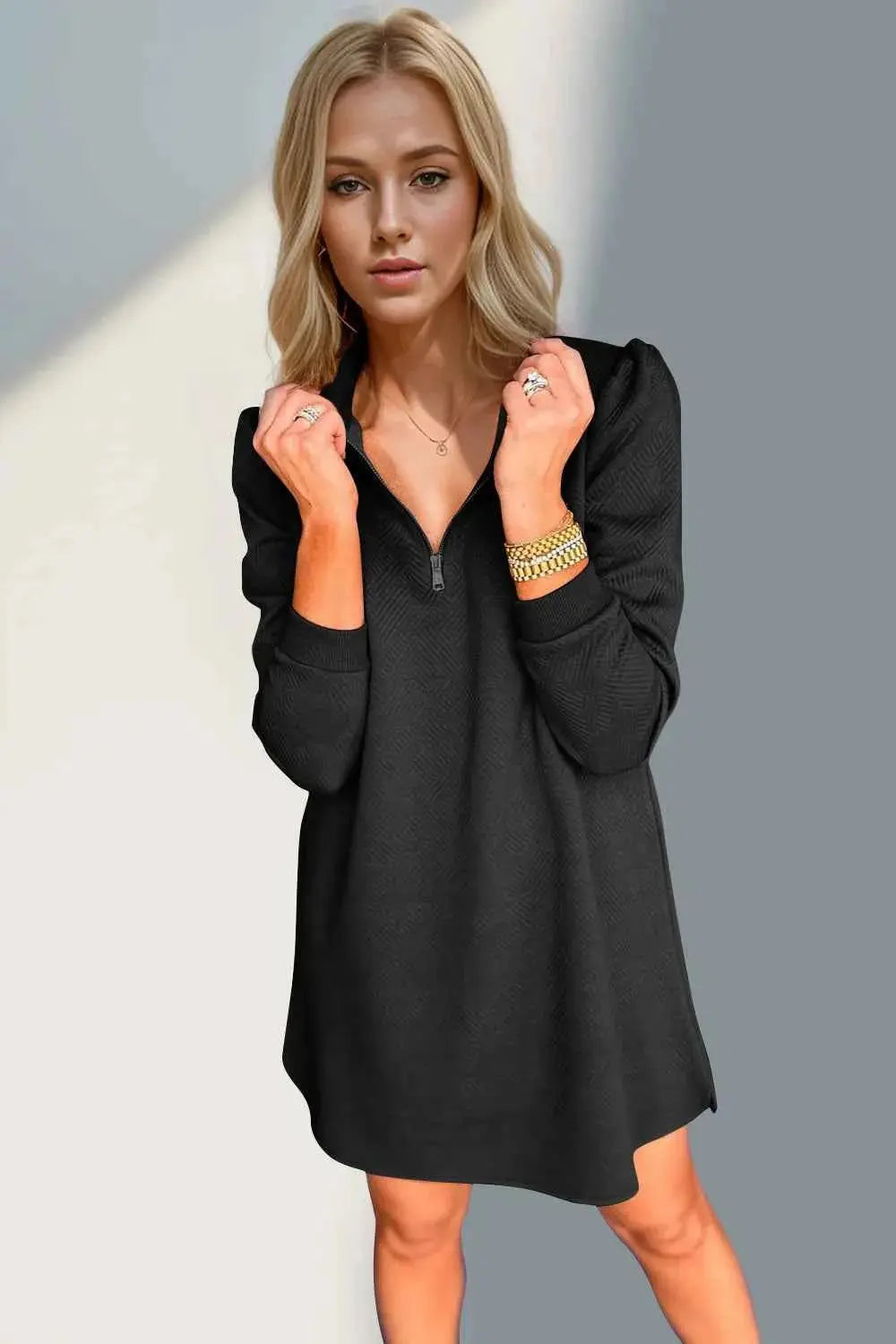 Double Take Textured Quarter Zip Long Sleeve Dress.