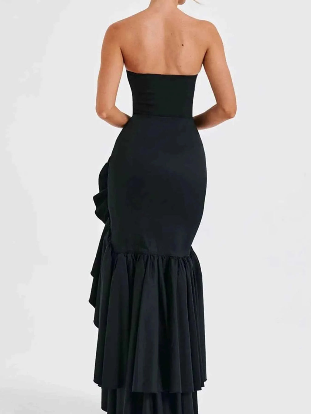Strapless Ruffle High-Low Bodycon Dress.