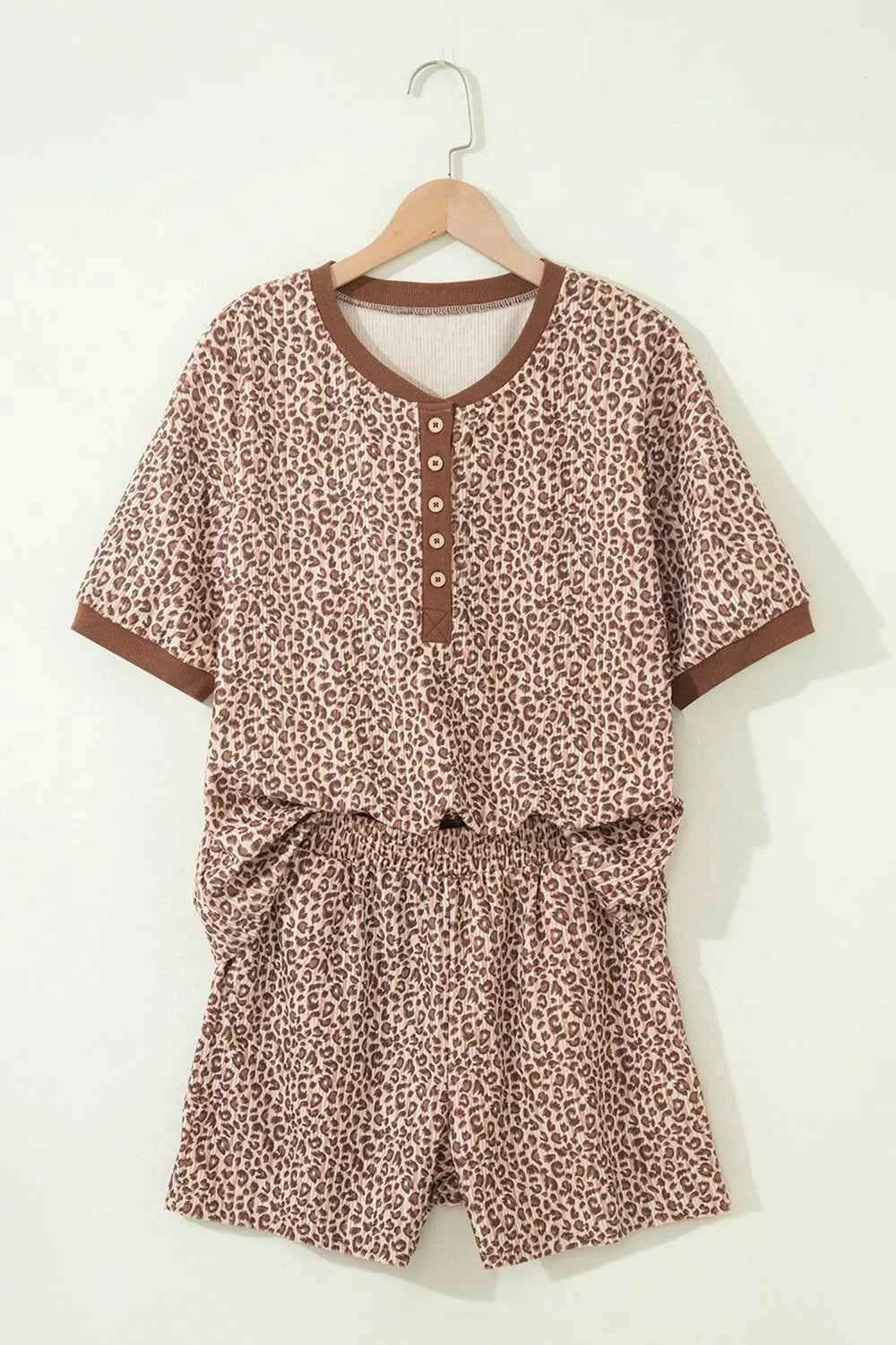 Leopard Print Ribbed Patchwork Half Button Loose Tee Elastic Waist Short 2pcs Set