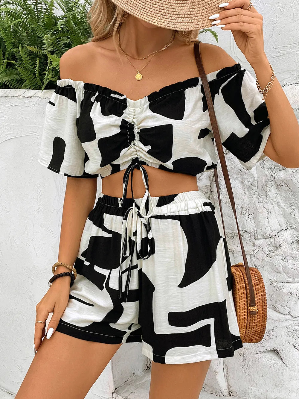 Perfee Drawstring Off-Shoulder Top and Shorts Set - CHIC TB