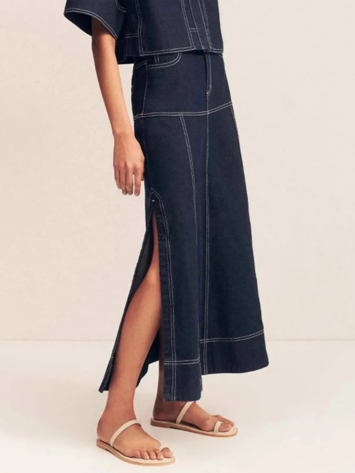 High-Waist Side Slit Contrast Stitch Denim Maxi Skirt.