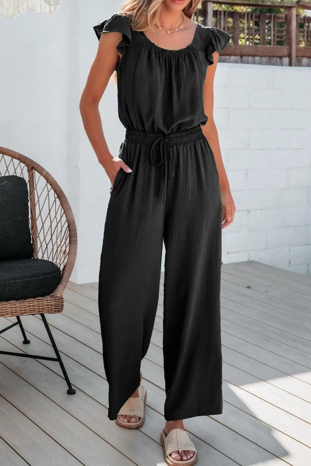 Ruffled Sleeve Wide Leg Jumpsuit.
