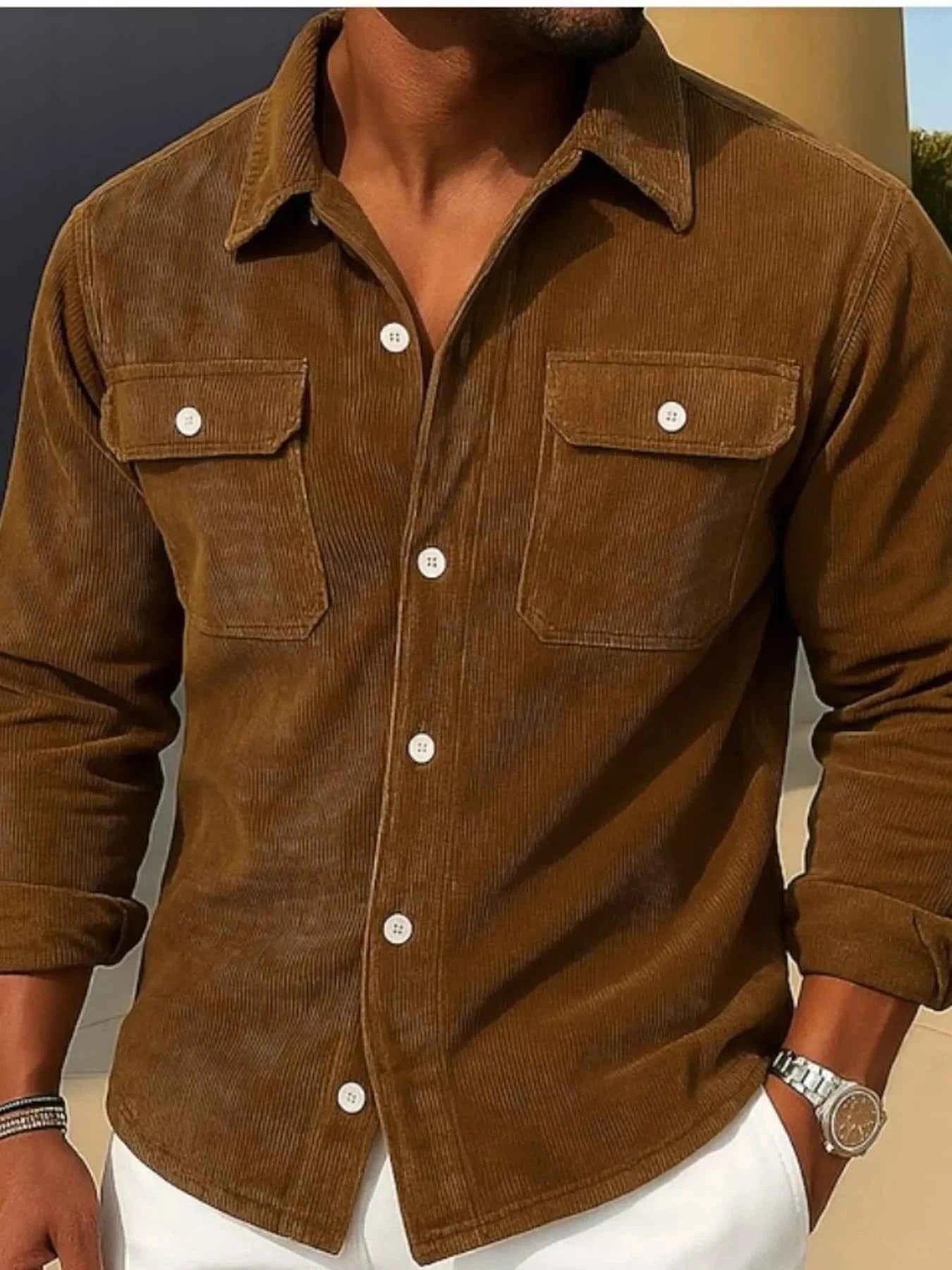 Men's Full Size Corduroy Long Sleeve Button-Down Shirt Plus Size