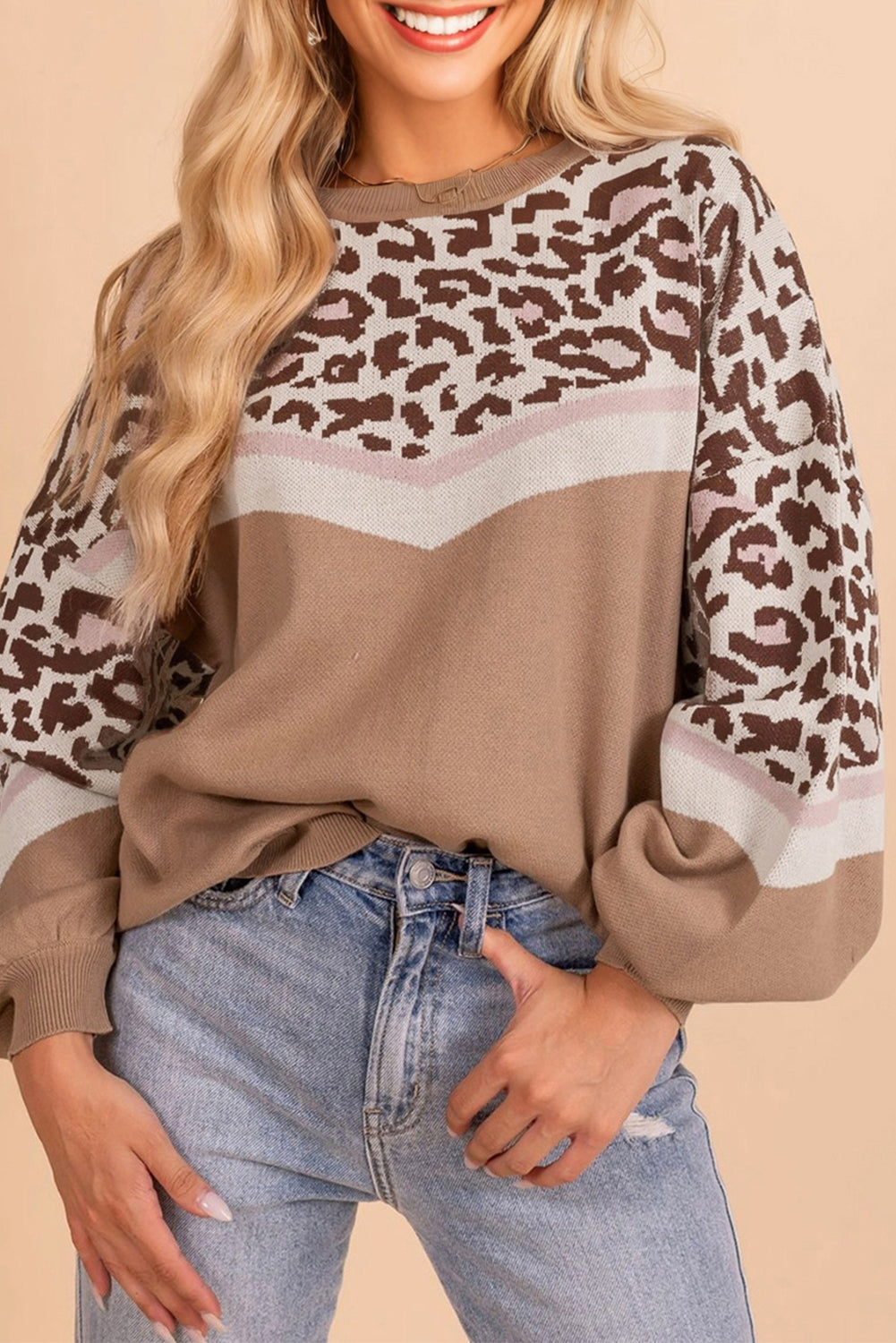 Straw Yellow Leopard Color Block Knit Round Neck Baggy Sweater Dear-Lover Dropshipping