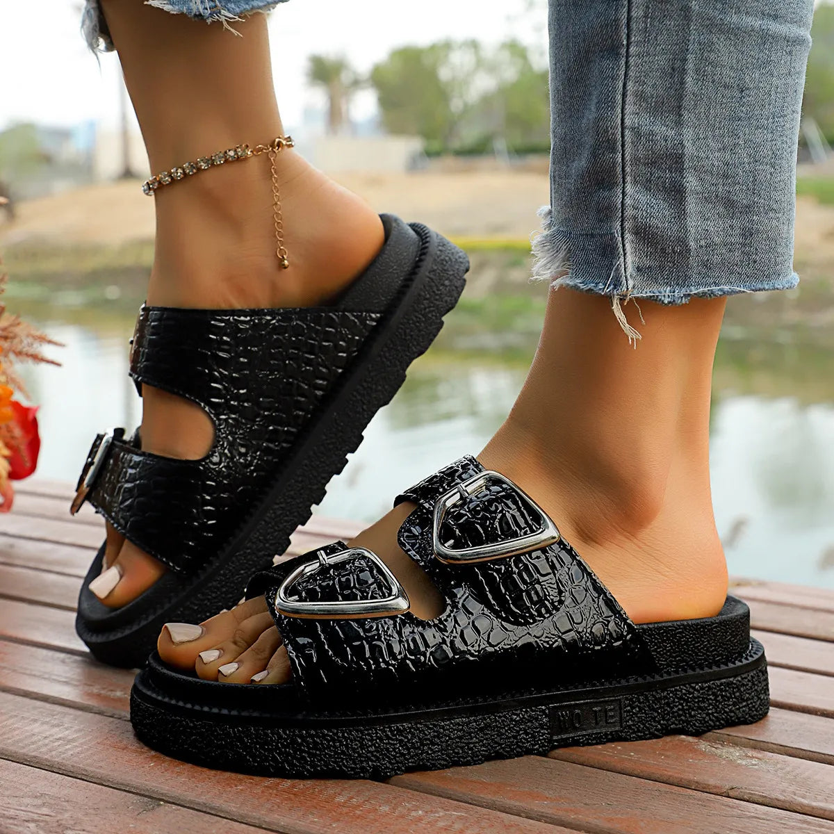 Double Buckle Platform women Sandals.