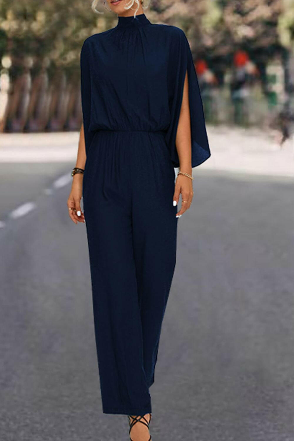 Tie Back Mock Neck Split Sleeve Jumpsuit.