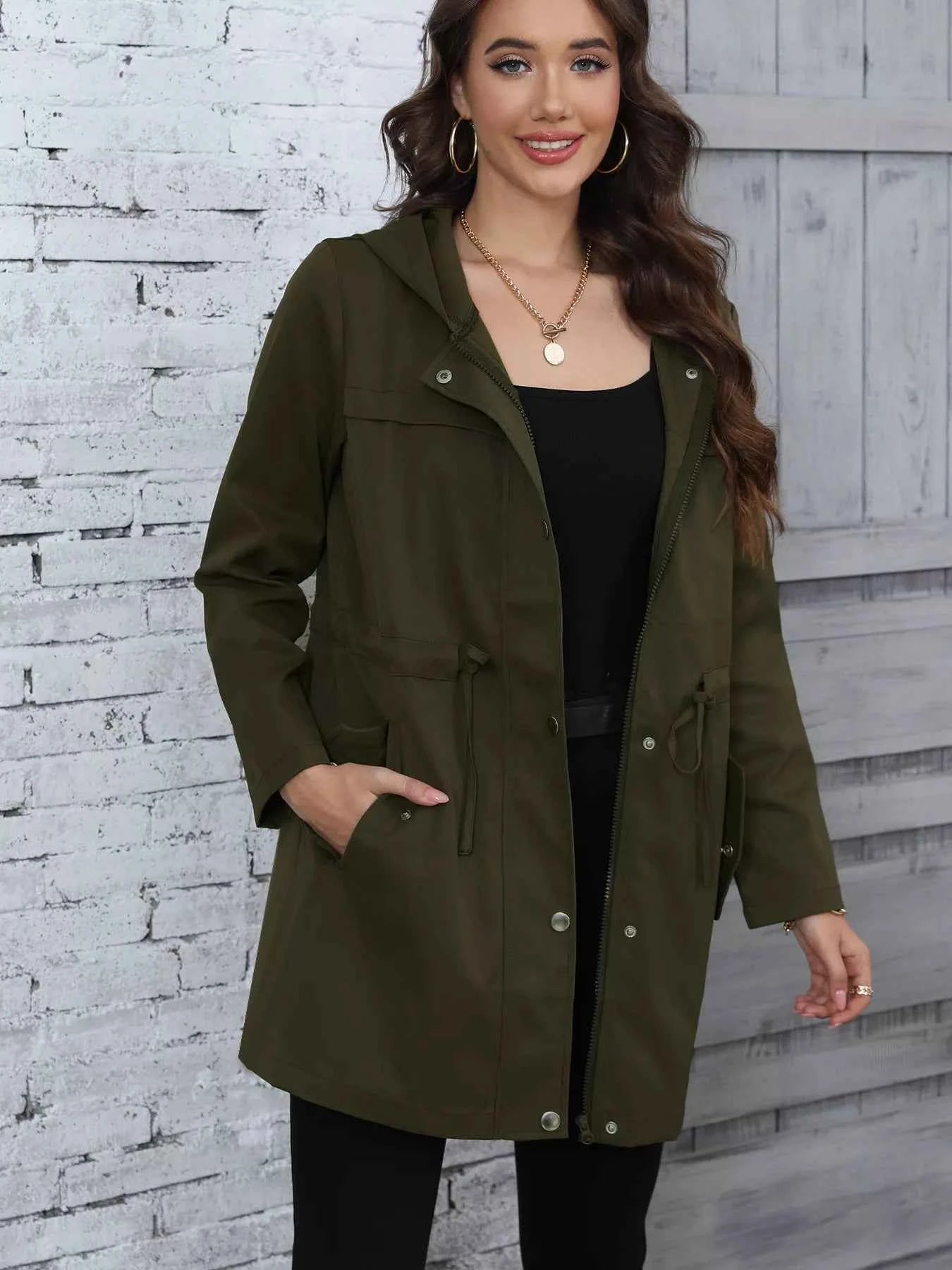 Hooded Drawstring Waist Casual Outerwear
