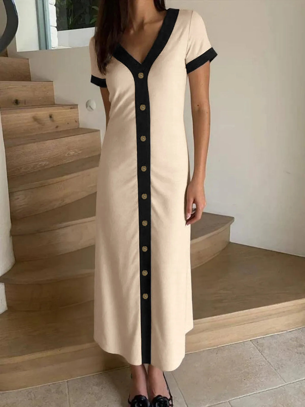 Button-Front Contrast Trim Midi Dress.