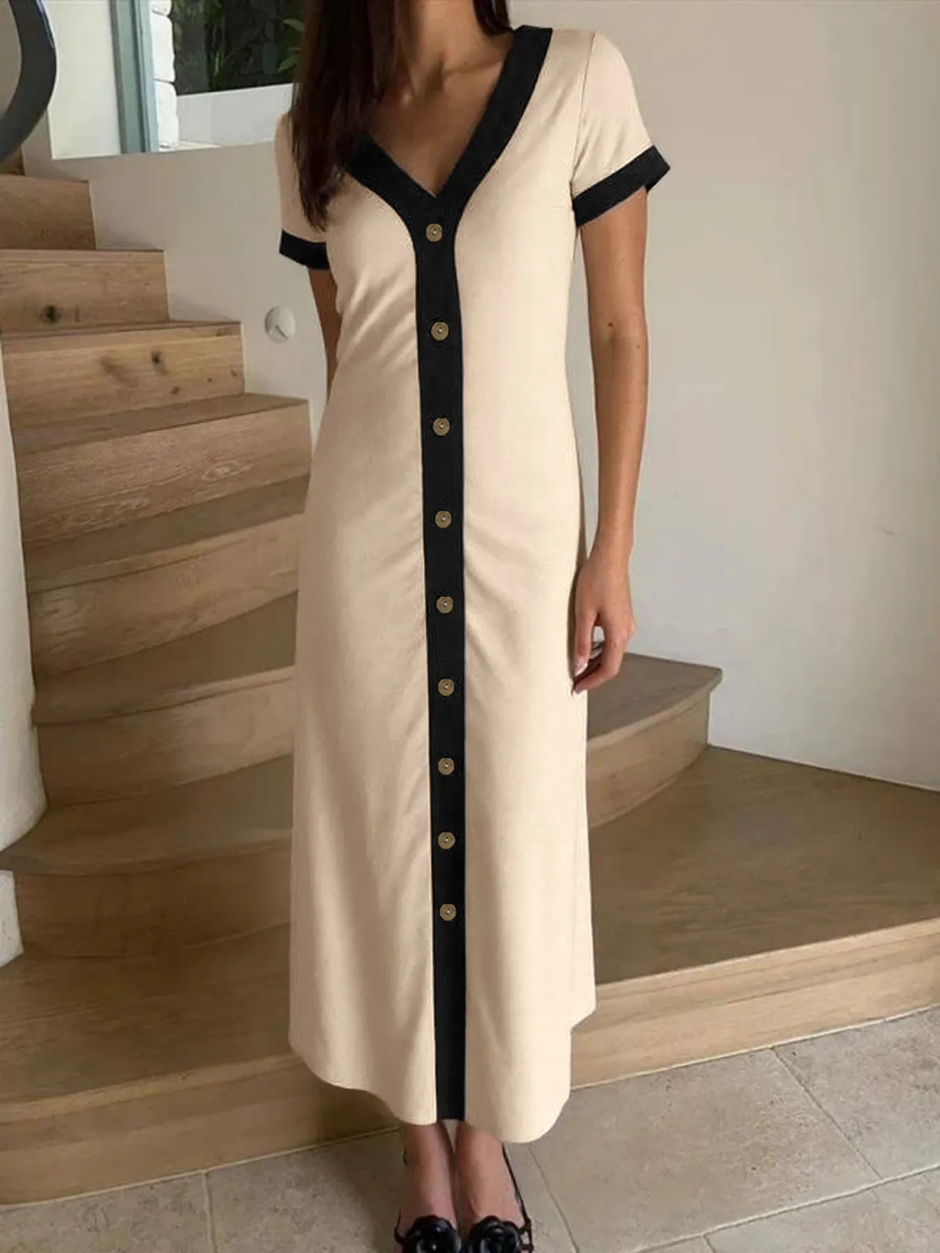 Button-Front Contrast Trim Midi Dress.