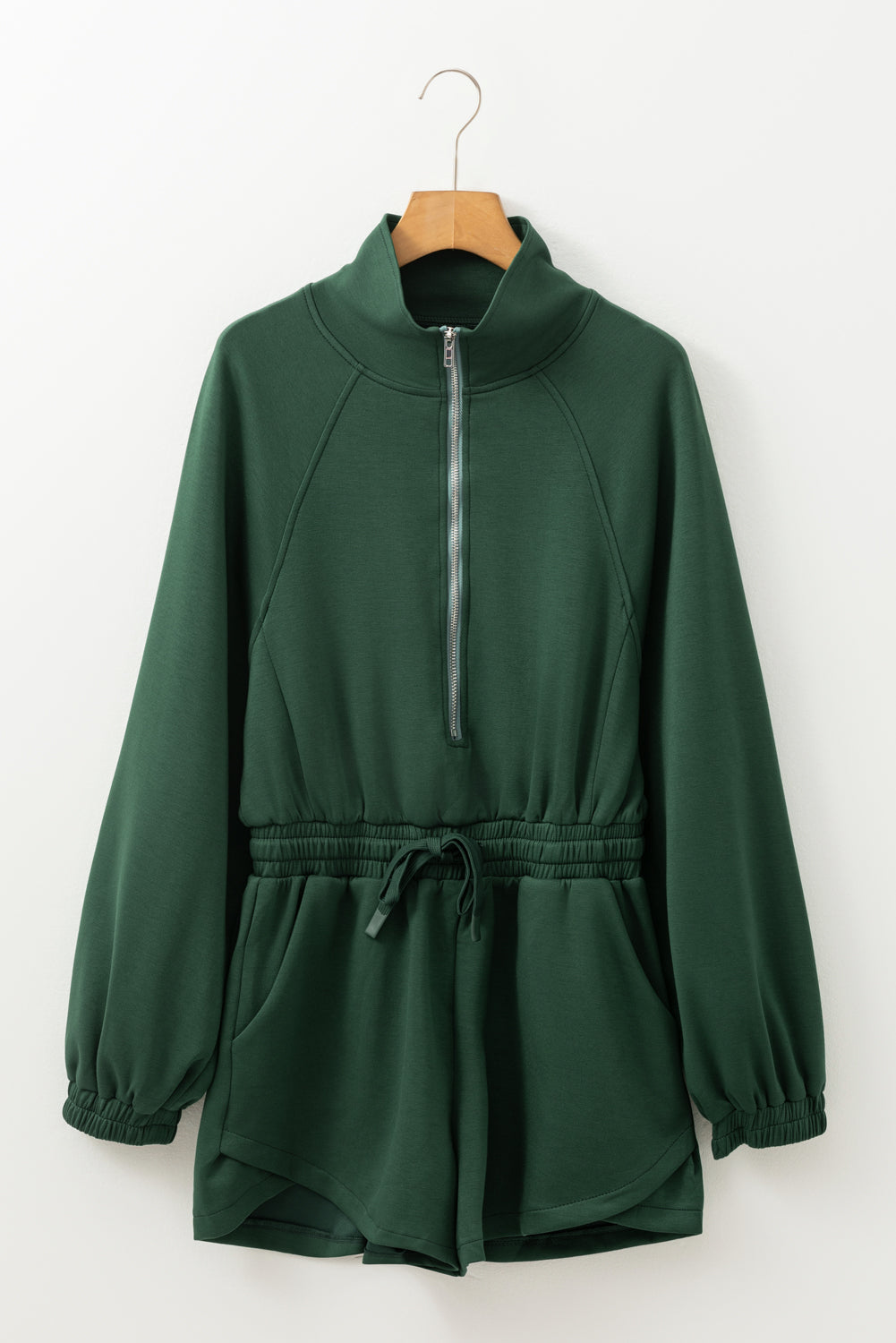 Blackish Green Collared Half Zip French Terry Knit Drawstring Casual Romper Dear-Lover Dropshipping