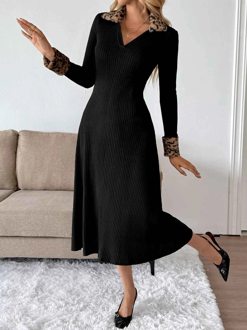 Leopard Cuff Johnny Collar Midi Dress.