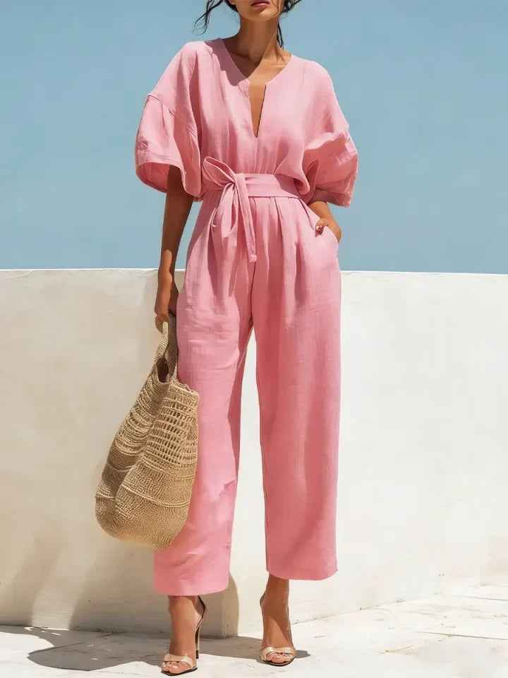 Fashionable V-Neck Solid Color Cotton-Linen Jumpsuit For Women