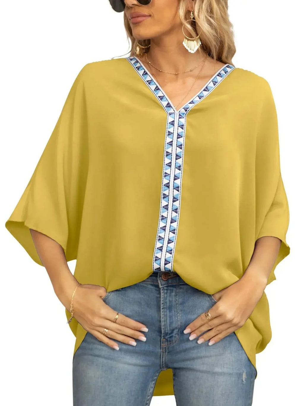 Oversized Contrast V-Neck Half Sleeve Blouse.