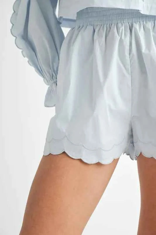 Long Sleeve Scallop Blouse and Shorts Set