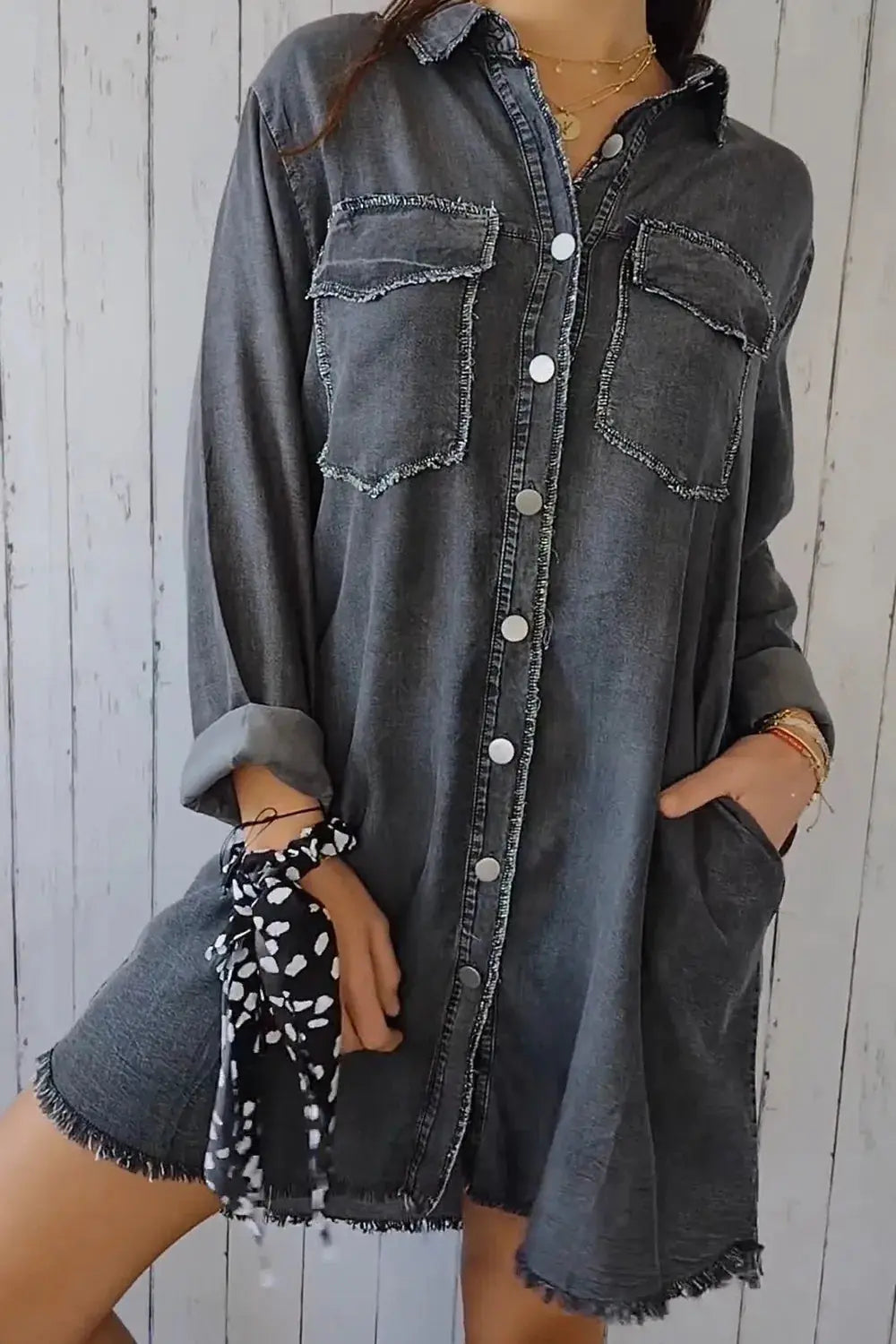 Full Size Pocketed Button Up Long Sleeve Denim Jacket.