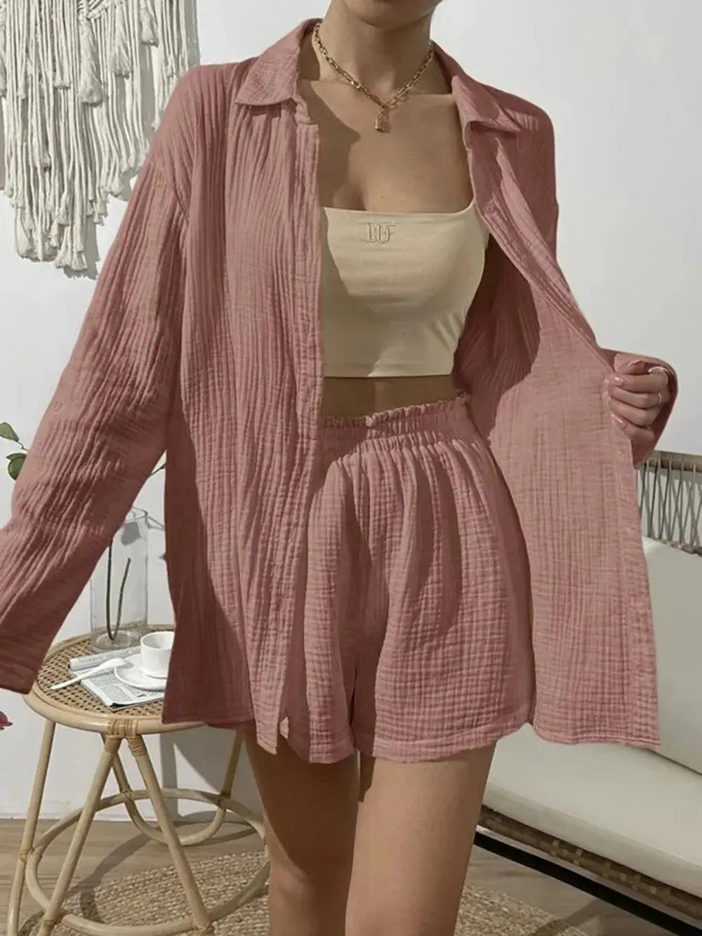 Dropped Shoulder Button Up Top and Elastic Waist Shorts Set - CHIC TB