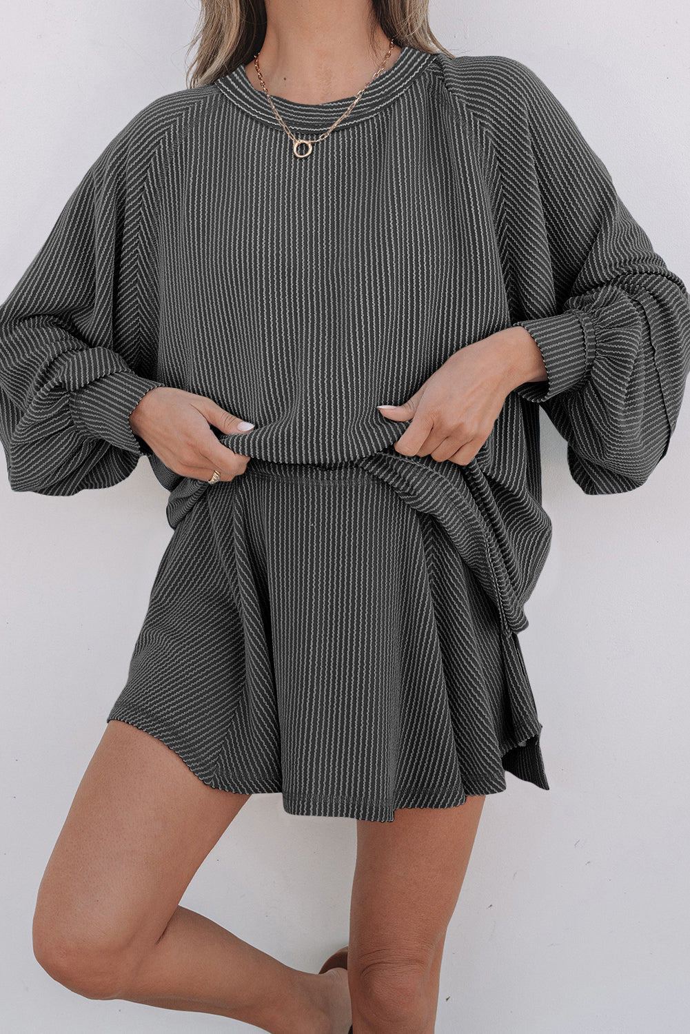 Dark Grey Corded Lantern Sleeve Top High Waist Ruffled Mini Skirt Set Dear-Lover Dropshipping