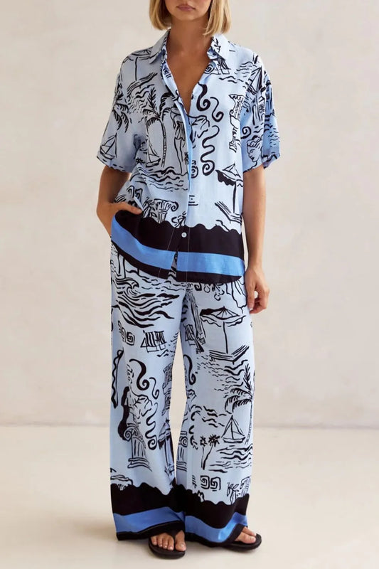 Printed Button Up Shirt and Pants Set Plus Size - CHIC TB