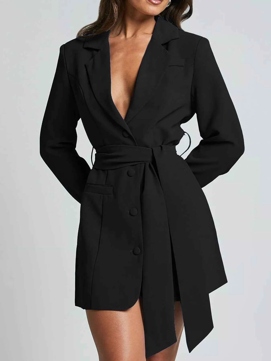 Lapel Collar Tie Waist Blazer