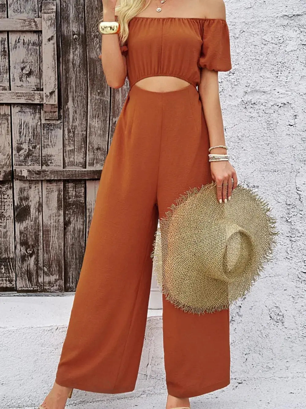 Devine Cutout Off Shoulder Wide Leg Jumpsuit.