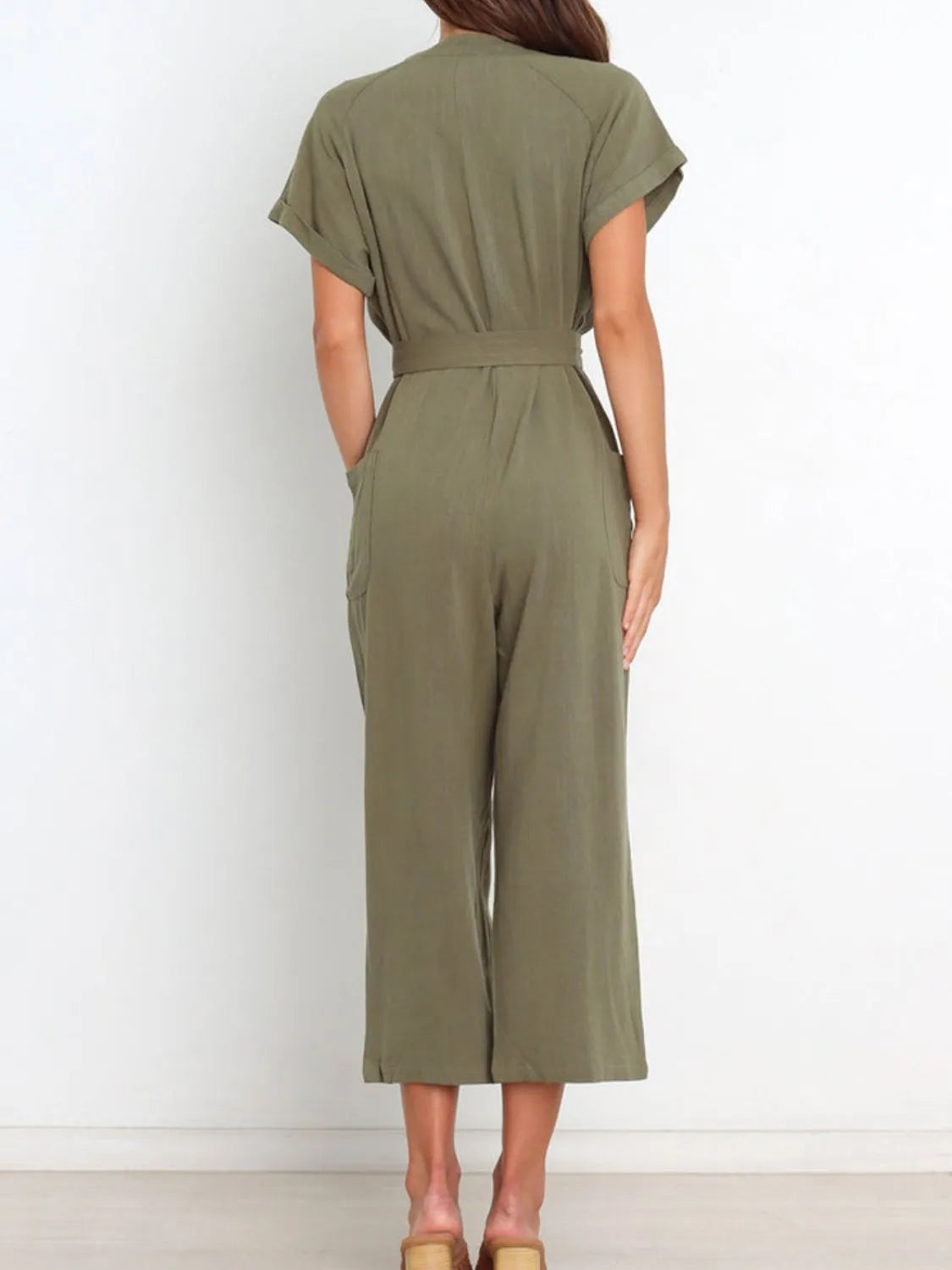 Notched Short Sleeve Tie Waist Jumpsuit.