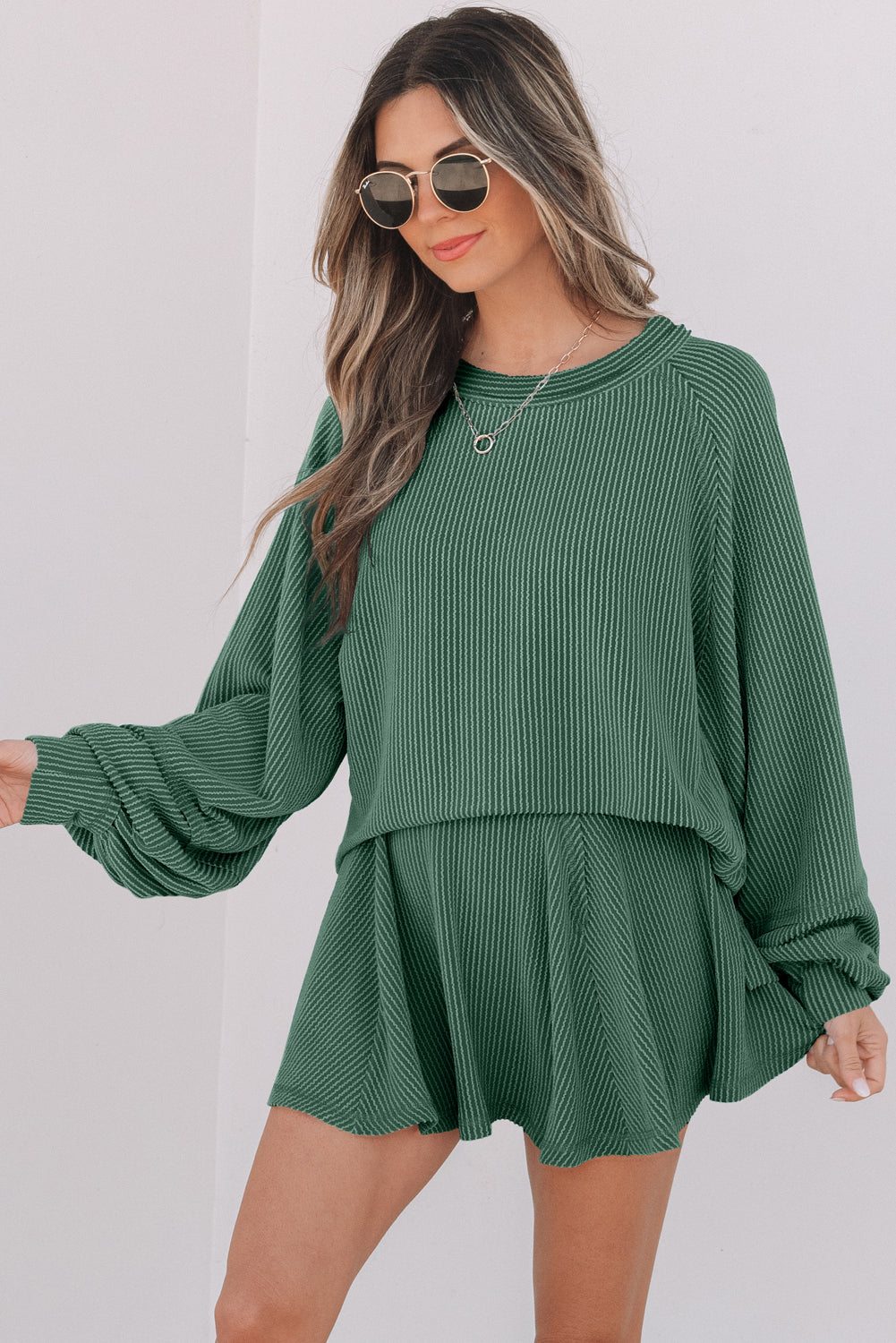Mist Green Corded Lantern Sleeve Top High Waist Ruffled Mini Skirt Set Dear-Lover Dropshipping
