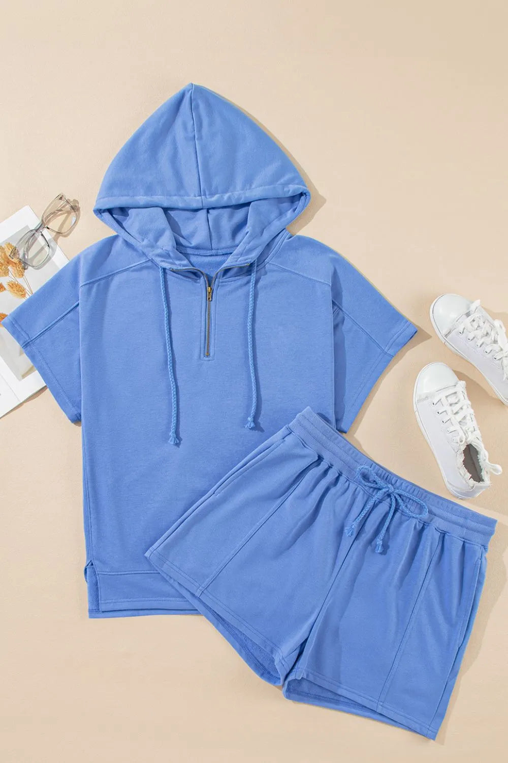 Drawstring Zipped Short Sleeve Hoodie and Shorts Set.