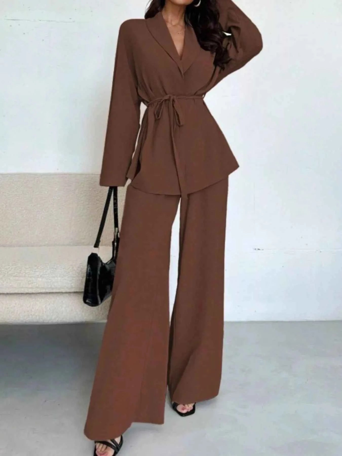 Front Tied Shirt and Wide-Leg Pants Set